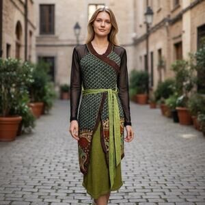 ANAC Vintage 90s Patchwork Wrap Dress Mesh Sleeve Boho Layered Midi Size M